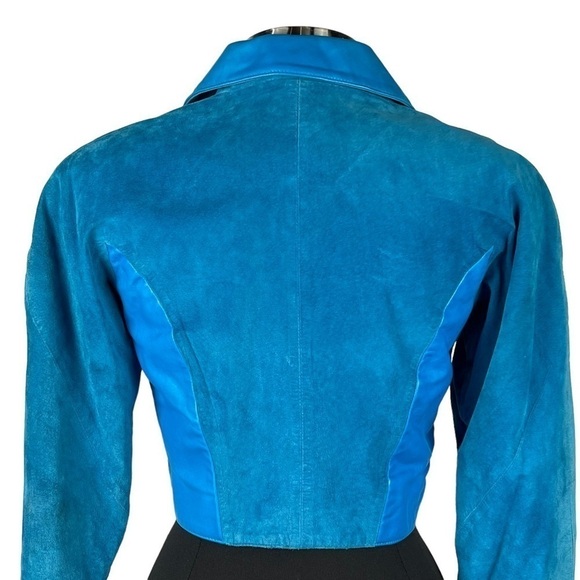 MICHAEL HOBAN NORTH BEACH VINTAGE 90S LEATHER BLUE CROP JACKET SKIRT SET SUIT - Picture 11 of 16